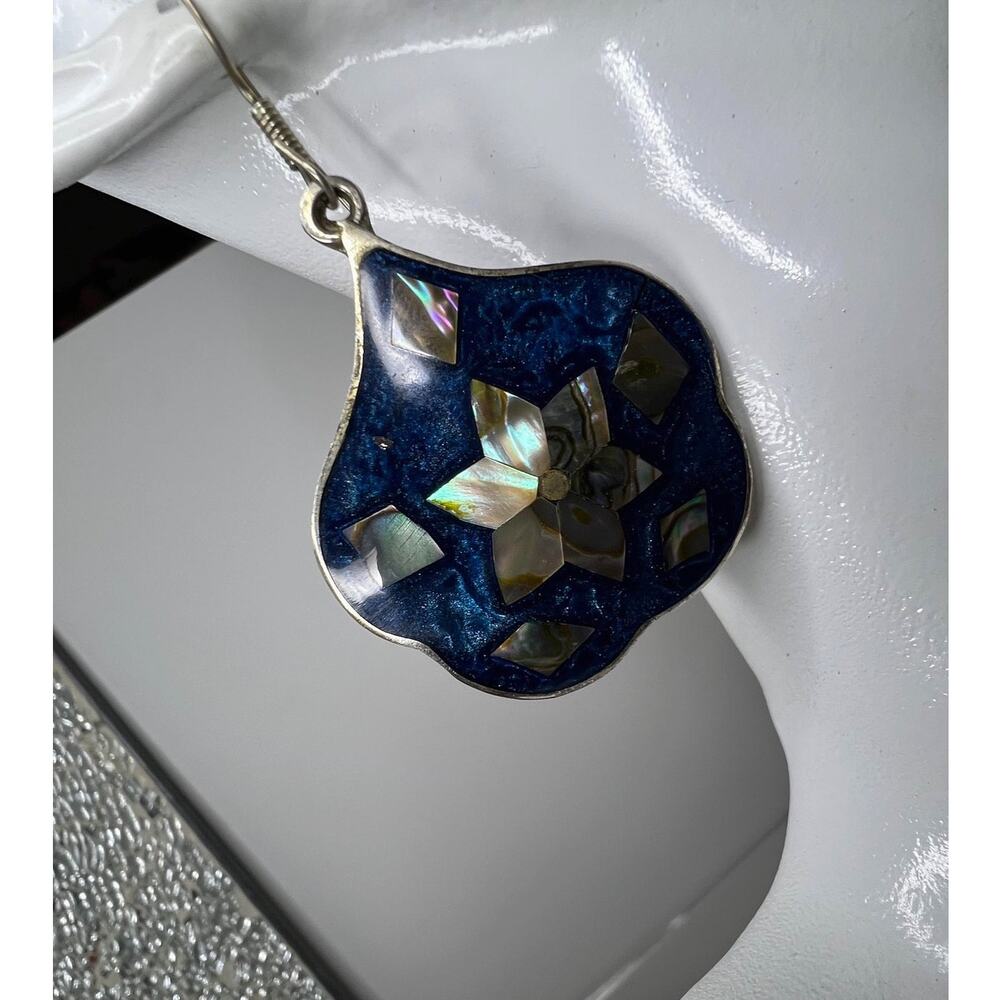 Vintage Abalone Shell & Deep Blue Mosaic Inlay Dangle Earrings - Picture 7 of 10